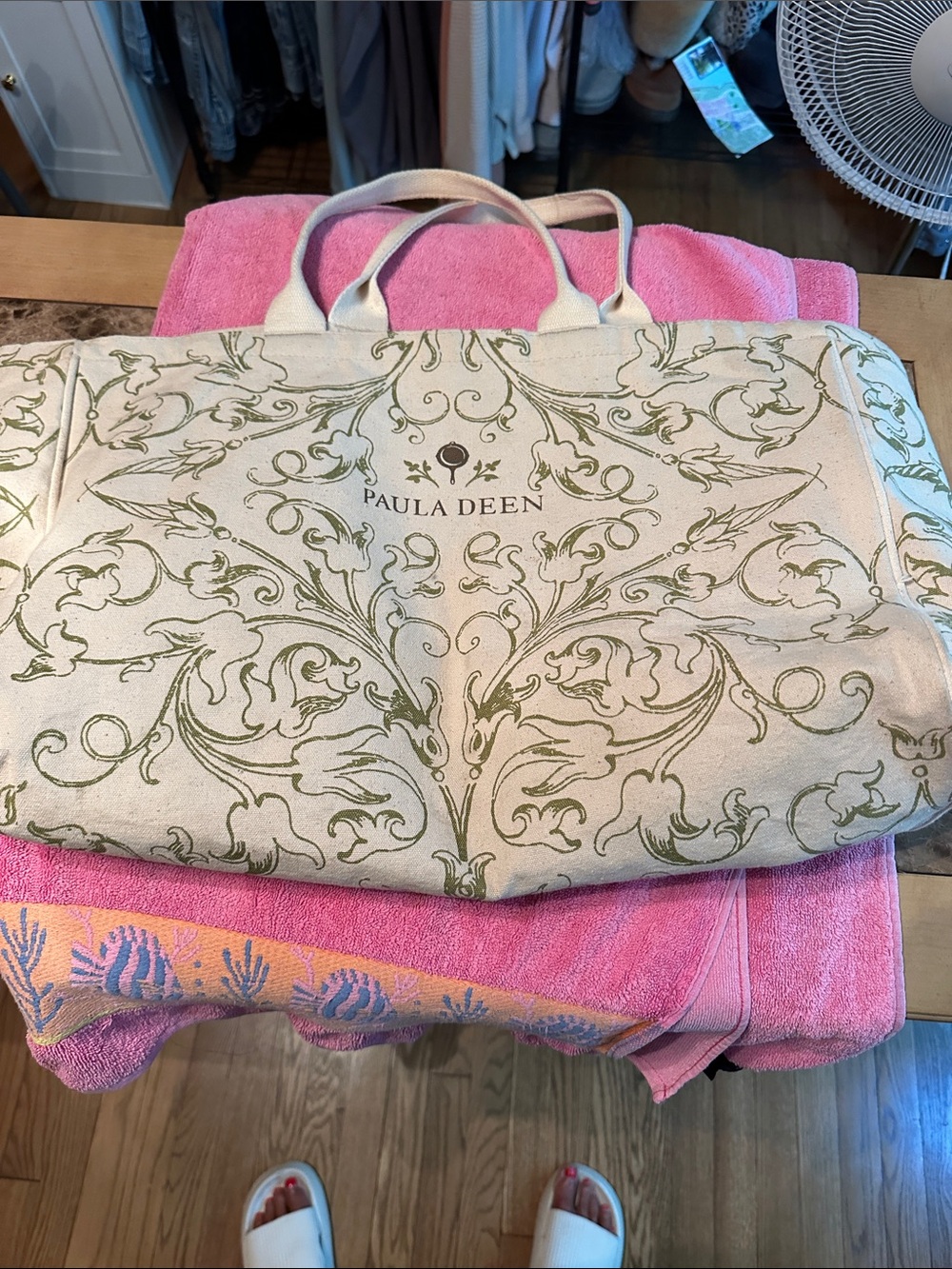 Paula Deen Cream Canvas Tote with Olive Scroll Design - Picture 2 of 3